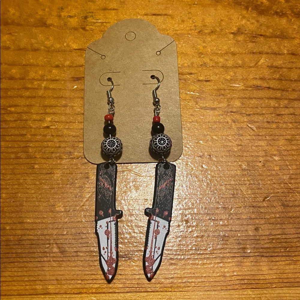 Artisan Black and Red Knife Earrings